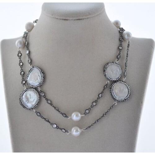 Z10905 32" 24mm White Coin & Round Edison Pearl CZ Chain Necklace