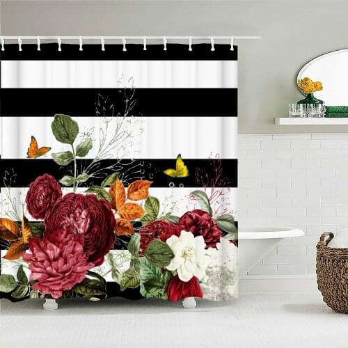 Beautiful Flowers Black and White Stripes Valentines Day Art Shower Curtain Waterproof Bathroom Decoration Home Furnishing