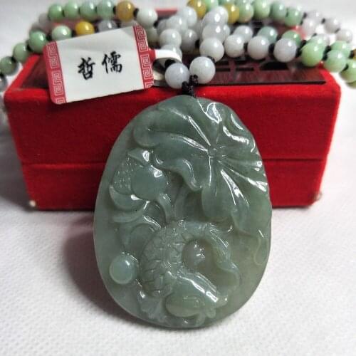 Zhe Ru Jewelry Pure Natural Jadeite Dark Green Fish Love Lotus Pendant Tricolor Jade Bead Necklace Send A Certificate