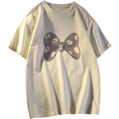 2021 Summer Casual Women Clothing O-neck T Shirt New Hot Drilling Harajuku Pink Bow Tees White Loose Short Sleeves Tops Female