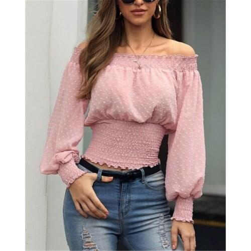 2019 New Autumn Women Casual Slash Neck Off Shoulder Long Sleeve Short T-Shirts Slim Casual Short Women T-Shirts