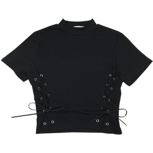 New Bandage Sexy T-shirt Womens Short-sleeve O-neck Slim Summer Crop Tops 2021 New Korean Fashion Short Black T Shirt Y566