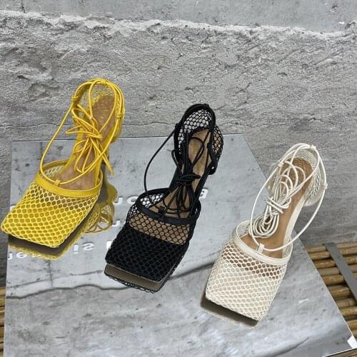 2021 New Sexy Yellow Mesh Pumps Sandals Female Square Toe high heel Lace Up Cross-tied Stiletto hollow Dress shoes