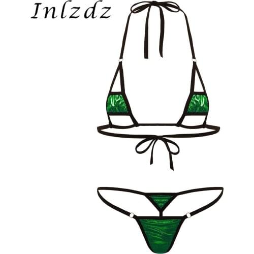 Womens Erotic Sexy Mini Bikini Lingerie Set Shiny Metallic Hollow Out Halter Neck Tie-on Hot Bra Top with G-String Thong Briefs