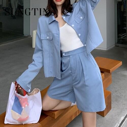 Sungtin Office Ladies Suits 2 Piece Set Wide Leg Shorts Women Single Breasted Coat Casual Shorts OL Female Korean Chic Spring