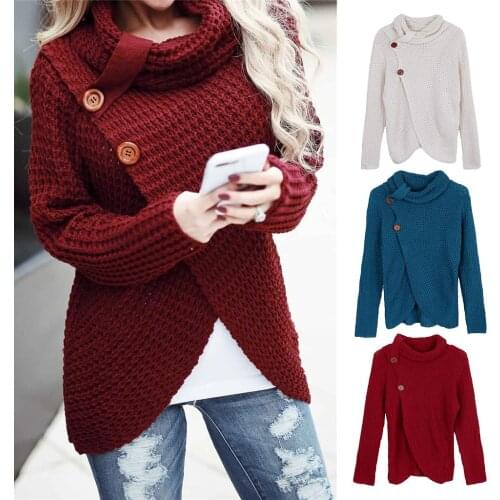 Womens Cowl Neck Button Chunky Cable Knit Pullover Long Sleeve Cardigan Sweater Trendy Knitwear Top