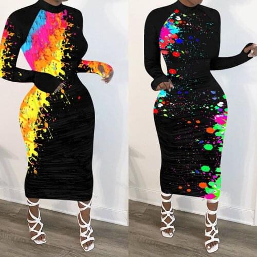 ZKYZWX Graffiti Print Plus Size Long Sleeve Maxi Dress Women 2020 Vestidos Fall Clothes Elegant Night Club Party Bodycon Dresses