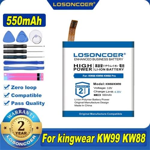 100% Original LOSONCOER KW88 KW99 Pro 550mAh Battery For kingwear Smart Watch KW88 KW99 KW88 Pro Batteries +Gift tools +stickers