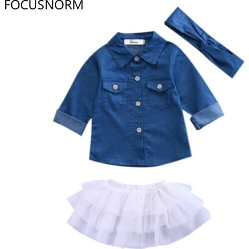 Toddler Kids Baby Girl Clothes Spring Autumn 3pcs Denim Long Sleeve Tops T-shirt +Tutu Skirt Headband Outfits Suit 1-5Years