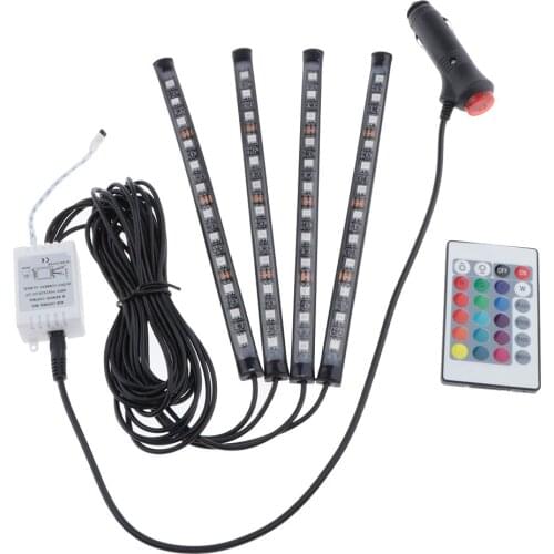 4PCS 12 LED Car Interior USB Charger RGB Atmosphere Lights Strip Remote Control
