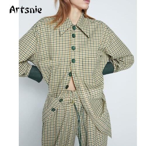 Artsnie Vintage Plaid Womens Tracksuit Autumn Coat And Wide Leg Pants Two Piece Set Streetwear Ol Trouser Suits Ladies Suits