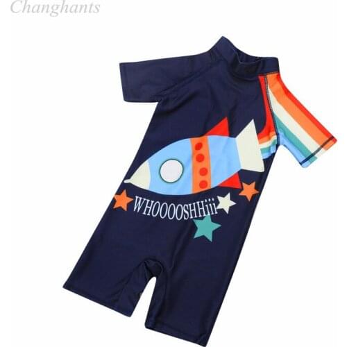 1-6 Y Boys One Piece Swimsuit Deep Blue with Rocket Pattern Kids Short Sleece Swimwear Children Swimming Suit Toddler Beachwear