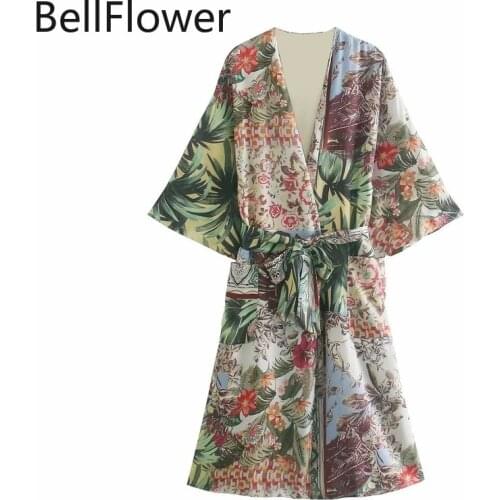 Floral Print Bohemian Coats Women Kimono Loose Long Cardigan V-Neck Three Quarter Polyester Batwing Sleeve Bandage Summer Cloak