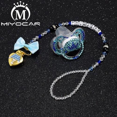 MIYOCAR custom name bling crown pacifier clip pacifier holder dummy clip with bling crown pacifier set unique gift SP011