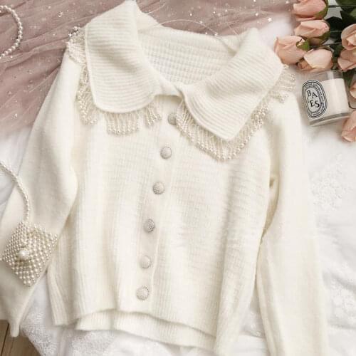 Korean White Cardigan Heavy Pearl Tassel Sweater for Women Cute Student Coat Cardigans Turn-down Collar Knit Pull Femme