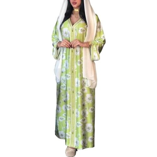 Summer Muslim Abaya Dress Eid Jalabiya Print Flower Mubarak Dubai Turkish Arabic Moroccan Kaftan 2021Loose Robe Islamic Clothing