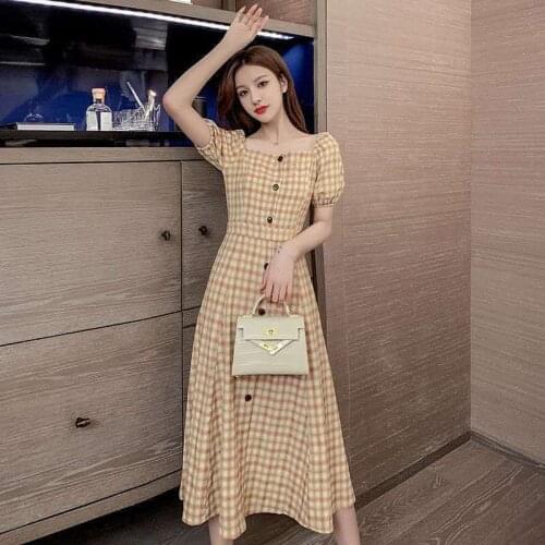 Fashion Plaid Cotton Cheongsam Dress Girls Sexy Chinese Style Dress Classic Bubble Sleeve Vintage Qipao Orientale China Qi Pao