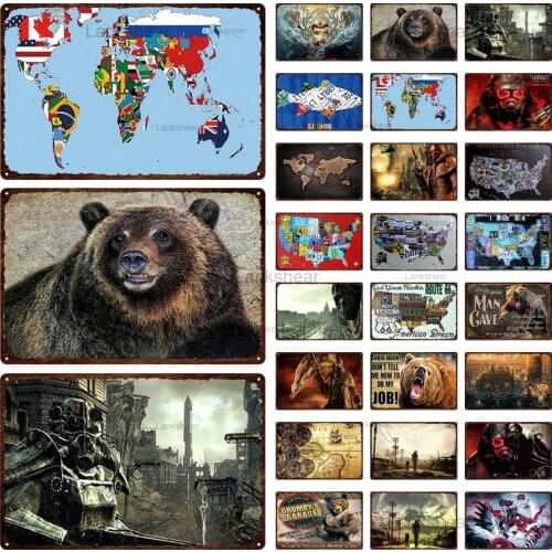 Retro Men Cave Metal Signs World Map Home Pub Club Outdoor Wall Vintage Decor Bears Metal Plate Man Cave Room Decoration 6Oo-8