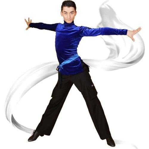 Male Latin Dance Shirts high Neck Ballroom Blue Dance Tops Sexy Men Latino velvet Clothing For Latin Dance Clothes