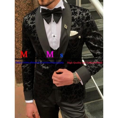 2021 New Men Wedding Suit Slim Fit Black Jacquard Suits For Men Groom Tuxedo (Jacket +Vest+Pants ) Set Custom Made Men Blazer
