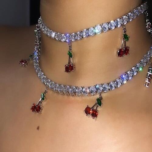 ALYXUY Red Cherry Green Leaves Crystal Pendant Necklace Sweet Romantic Rhinestone Clavicle Chain for Women Girls Jewelry Gifts