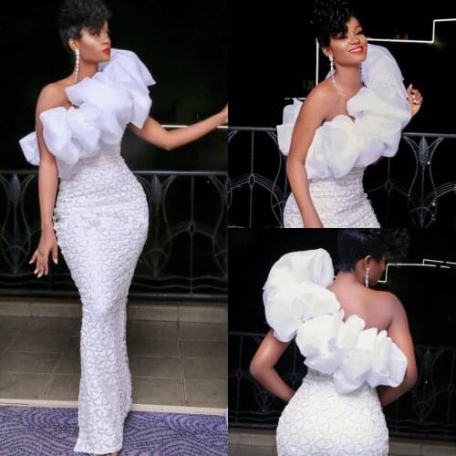 Ruffles One Shoulder Mermaid Prom Dresses White Sparkly Beaded Sequin Plus Size Formal Evening Gowns Custom Made 2021