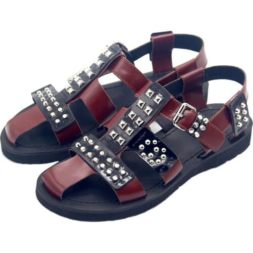 Studded Roman shoes European and American street brown leather hand-studded mens sandals