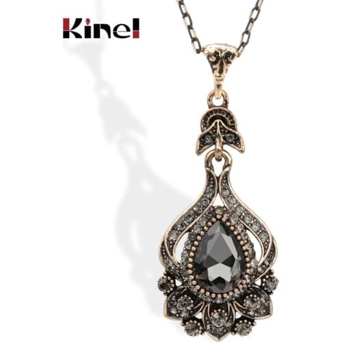 Kinel Luxury Gray Crystal Bridal Necklace For Women Antique Gold Color Beach Party Pendant Necklace Vintage Jewelry 2021