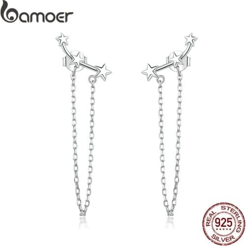 Bamoer Silver 925 Jewelry Long Chain Tassel Dangle Earrings for Women Wedding Party 925 Sterling Silver Fine Jewelry BSE361