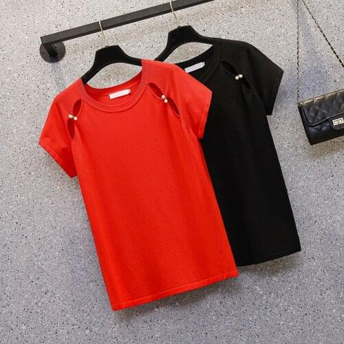 M-4XL large size summer ice silk short sleeve T-shirt loose beading thin knitting Oversized solid sweater pullover jersey mujer