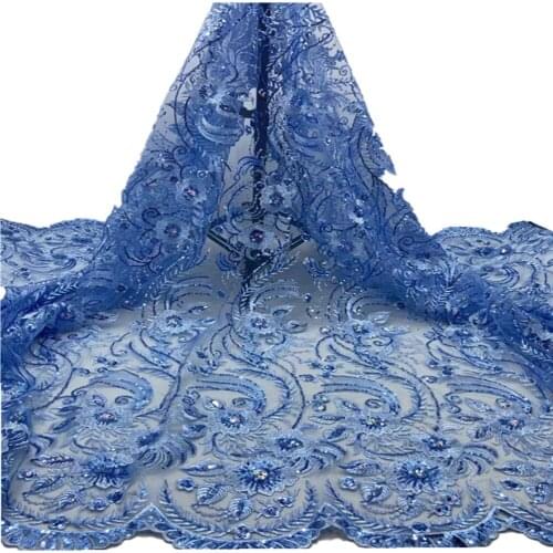 Blue African Lace Fabric High Quality Lace French Nigerian Mesh Sequins Lace Fabrics For Wedding Dress Sewing XH-150