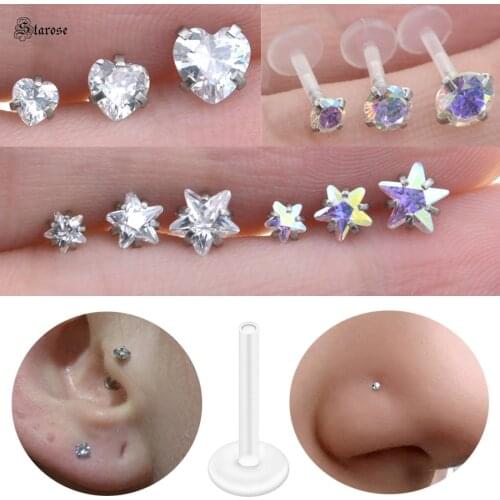 Starose 2pcs 3/4/5mm Star Round Heart Ear Piercing Labret Piercing Nariz Acrylic Nose Piercing Oreja Helix Earrings Nose Rings