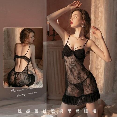 Spring and Summer Women Sexy Deep V Lace Pajamas Perspective Sweet Halter Strap Nightdress Home Clothing Suit