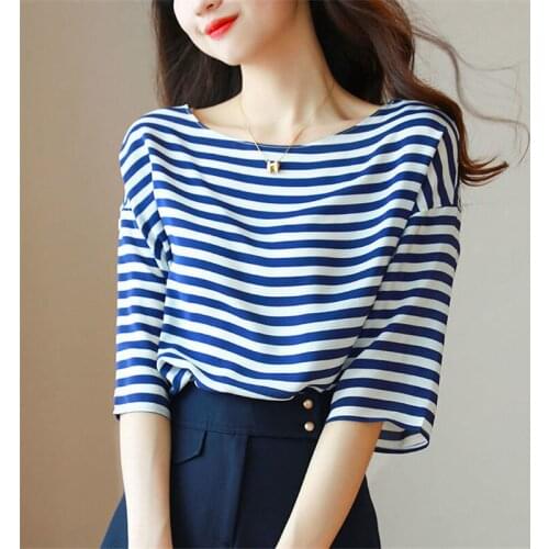 Stripe Chiffon T-Shirts Women Temperament All-Match O-Neck Blouses Stylish French Style Color contrast Loose Tops T-Shirt MM0908
