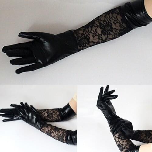 Women Faux Patent Leather Floral Lace Patchwork Black Full Finger Long Gloves H9ED
