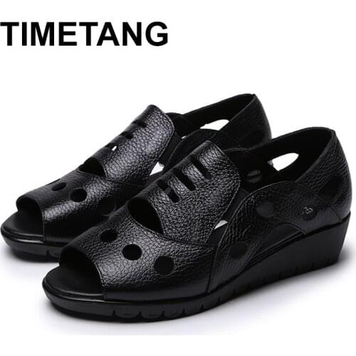 TIMETANGRomeStyle Sexy PeepToe Gladiator Sandals Women Flat Genuine Cow Leather Soft Sole Non-Slip Hollow Summer Shoes WomanE544