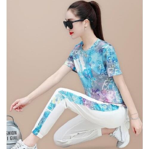 Fashion Print Sweat Suit 2 Piece Sets Women Big Size Korean Short Sleeve T-Shirt Tops + Pants Tracksuit Summer Thin Jogging Sets