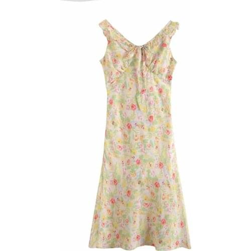 New Women Vintage Floral Printed Dress Straps Sleeveless Side Zip Chic Lady Elegant Midi Dresses Woman Summer Robe