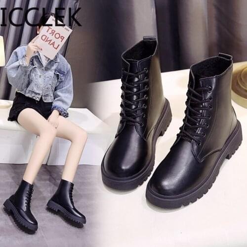 Winter Shoes Women Boots Round Toe Flats Black Leather Platform Boots for Women Snow Boots Women Winter 2020 Botas Mujer