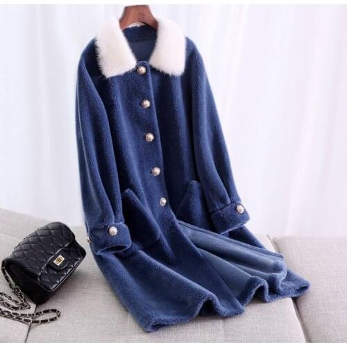 Jacket Winter Women Sheep Shearling Real Fur Coat Female Mink Fur Collar 100% Wool Coats Suede Leather Jackets MY4384 s s