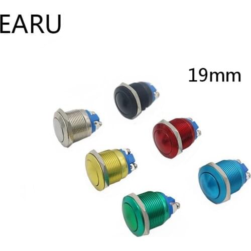 1pc 19mm Screw Terminal Electronic Waterproof Metal Push Button Switch Momentary Horn PC Power Oxidized Aluminum Red Blue Green