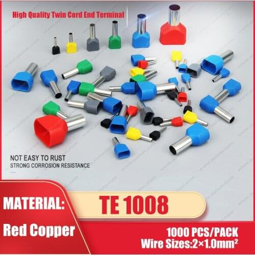 1000pcs/pack TE1008 2 X 18 AWG Red Twin & Dual Entry Wire & Bootlace Ferrules For 2 X 1.0mm2, 8mm of Pin Length