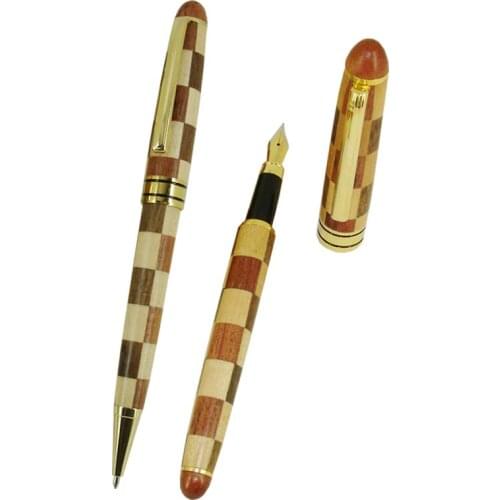 ACMECN 2pcs / lot Cool Patchwork Wood Ball Pen & Fountain Pen Sets Natural Eco-friendly Pen and Liquid Ink Pen Wood Stationery