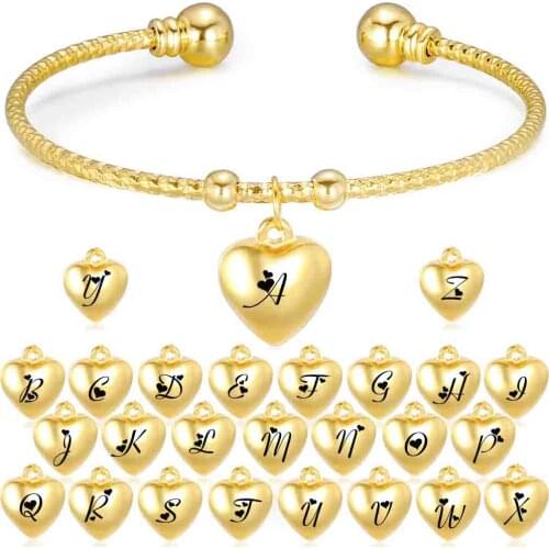Gold Color Stainless Steel heart Bracelets Bangles A-Z 26 Letters Initial Charm Love Bangle for Women Jewelry Gift