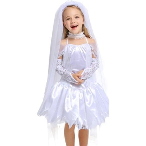 Kids Dresse For Girls Ghost Bride Cosplay Halloween Princess Costume White Lace Mesh tutu Dress Childrens Clothes Baby Clothing