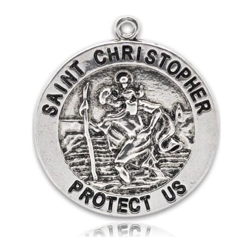 DoreenBeads 10PCs "St.Christopher" Round Charms Pendants Silver Color Handmade Metal Pendants for DIY Jewelry Making ,33x30mm