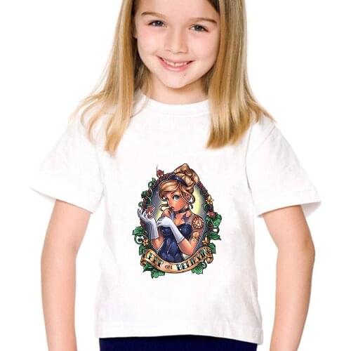 KEEP ON BELIEVING Disney Tattoos Princess Cinderella Prints Children Tshirt Harajuku Kids T-shirt Kawaii Harajuku Baby Girl Tees