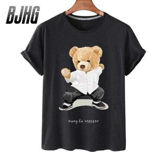 100% Cotton Chinese Kung Fu Bear Print Short-sleeved T-shirt Female Half-sleeved Summer Casual Oversized T-shirt Ladies Shirt
