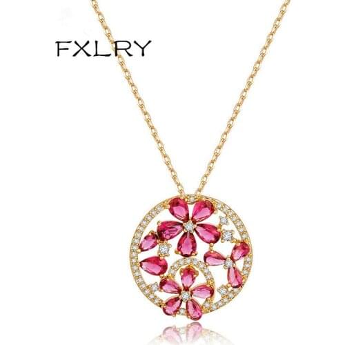 FXLRY New Arrived Elegant Champagne Gold-Color AAA Cubic Zircon Round Red Flowers Pendant Necklaces For Women Jewelry Accessori