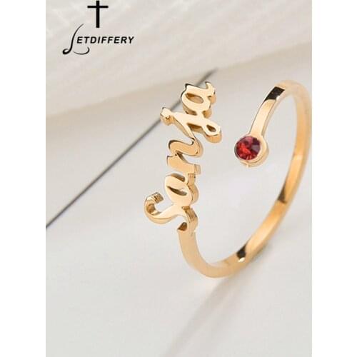 Letdiffery Custom Birthstone Name Rings for Women Stainless Steel adjustable Crystal Personlized Jewelry Unique Birthday Gifts
